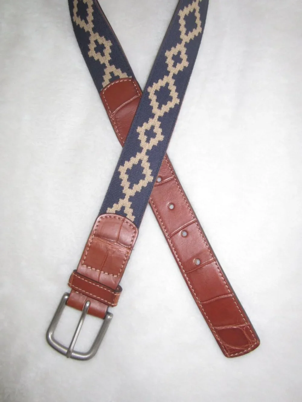 Brown Leather & Navy Patterned Men's Belt